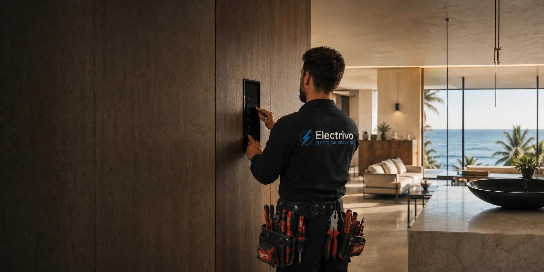 Electrician installing a smart electrical panel in a modern home